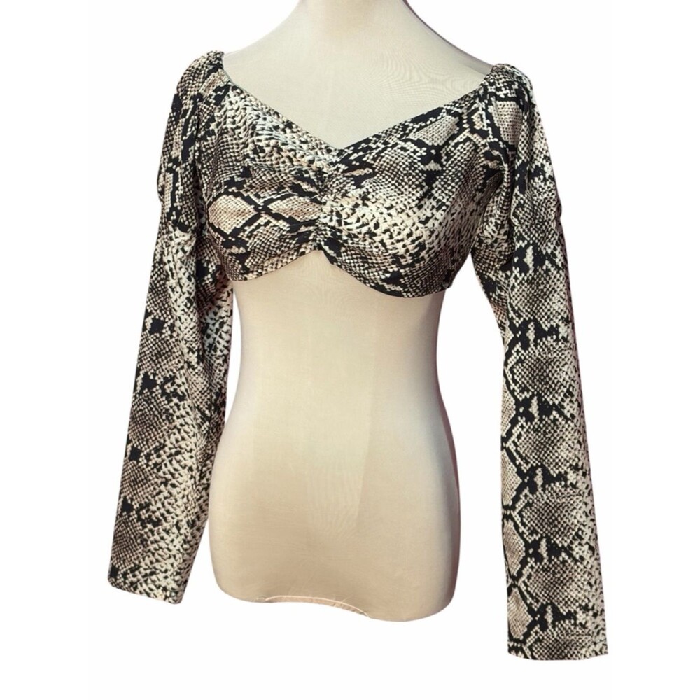 PrettyLittleThing Snake Print Twist Front Crop Top Size 6 Black Cream
